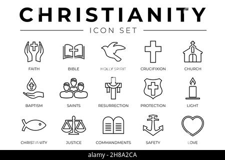 Ensemble d'icônes du Christianisme Outline avec foi, Bible, Crucifixion , Baptême, Église, Résurrection, Esprit Saint, Saints, Commandements, lumière, protection, Jus Illustration de Vecteur