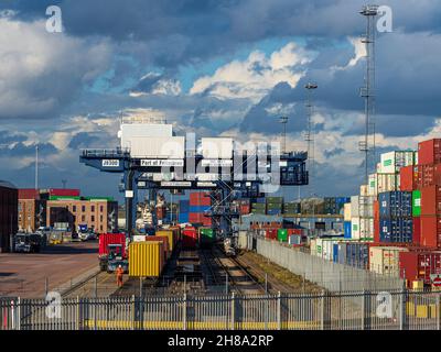 Terminal de fret ferroviaire - manutention de fret de conteneur ferroviaire au port de Felixstowe. Les conteneurs sont chargés sur les trains de conteneurs pour le transport ultérieur. Banque D'Images