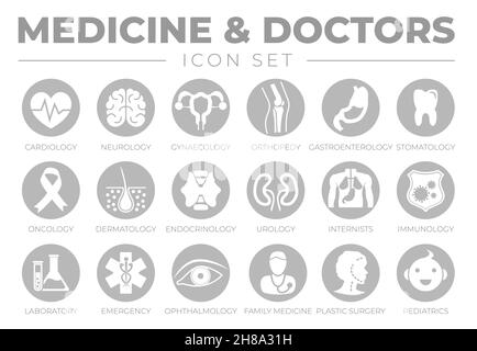 Jeu d'icônes de médecine ronde et de soins de santé de cardiologie, neurologie, gynécologie, Orthopédie, gastroentérologie,Stomatology, oncologie, dermatologie, urologie, Illustration de Vecteur