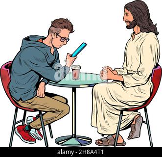 Jésus vous attend, sauveur et homme occupé à la table. Christianisme et religion, prédication et foi Illustration de Vecteur