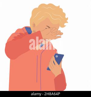 Le jeune homme pleure et souffre.Tient un téléphone portable dans sa main.illustration vectorielle de style dessiné à la main Illustration de Vecteur