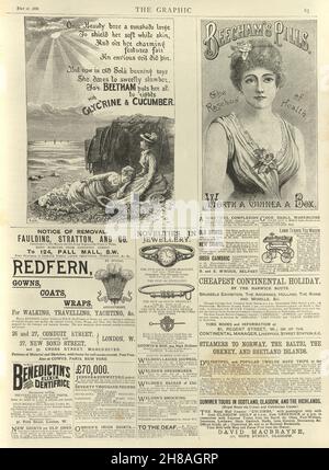 Page des annonces de journaux victoriens, Beecham's Pills, Glycrine et Cucumber, années 1880 Banque D'Images