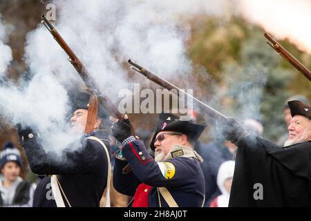 Foxborough, États-Unis.28 novembre 2021.Les Patriots de la Nouvelle-Angleterre mettent fin à la milice de la zone de tir leurs armes dans le premier quart du match entre les Titans du Tennessee et les Patriots de la Nouvelle-Angleterre au stade Gillette à Foxborough, Massachusetts, le dimanche 28 novembre 2021.Les Patriots ont vaincu les Titans 36-13.Photo par Matthew Healey/UPI crédit: UPI/Alay Live News Banque D'Images