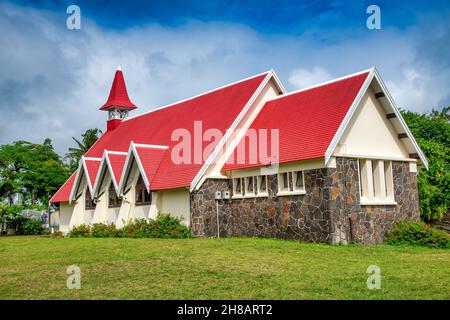 Île Maurice célèbre monument - église rouge sur la plage.Chapeau Malhereux Banque D'Images