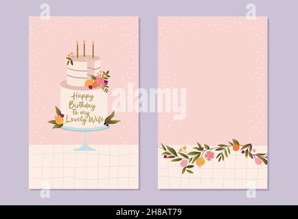 Carte d'anniversaire élégante et mignonne avec gâteau et bougies.Ensemble de cartes d'anniversaire dans des couleurs roses. Illustration de Vecteur