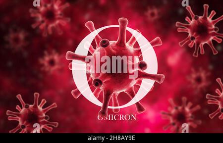 Poster de variante OMICRON COVID-19, illustration 3d.Vue microscopique des germes du coronavirus dans les cellules.Concept de science virologie, danger, recherche sur les vaccins Banque D'Images