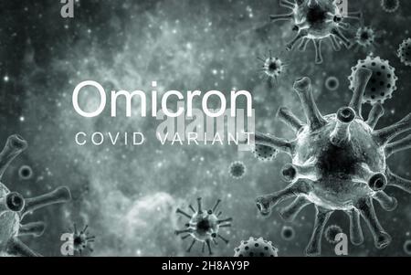 Poster de variante OMICRON COVID-19, illustration 3d.Vue microscopique du coronavirus dans la cellule.Concept de science virologie, danger, recherche sur les vaccins, coro Banque D'Images