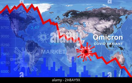 OMICRON COVID-19 variante effet pour les entreprises, graphique du marché boursier sur la carte du monde, impact économique par le virus corona.Concept de crise financière mondiale, REC Banque D'Images