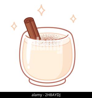 Coquito, boisson de Noël traditionnelle portoricaine semblable à l'aubergine.Dessin animé d'un verre à cocktail à la cannelle, illustration vectorielle dessinée à la main. Illustration de Vecteur