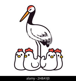鹤立鸡群 expression chinoise: Une grue debout parmi les poulets.Dessin animé simple, illustration vectorielle. Illustration de Vecteur