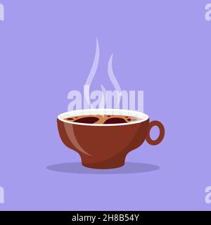 Tasse de café frais brune de style dessin animé.Tasse en céramique avec latte pour boisson chaude, espresso avec vapeur aromatique.Café plein format avec espace pour les étiquettes.Idéal pour les affiches, les cartes.Illustration du vecteur de gros plan Illustration de Vecteur