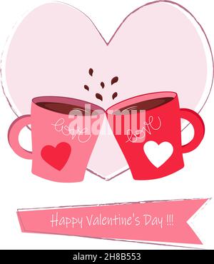Deux tasses avec une boisson sur le fond d'un coeur stylisé.Modèle de carte pour la Saint-Valentin des fêtes. Illustration de Vecteur