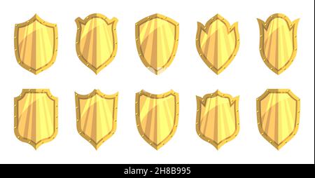 Ensemble d'icônes Golden Shiny Flat Shield.Panneau de garantie de sécurité de protection des vecteurs.Armure militaire symbole héraldique.Badge de récompense élégant et rétro.Armes métalliques médiévales.Emblème Royal Privacy sur blanc Illustration de Vecteur