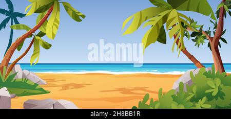 Paysage tropical de plage avec palmiers, pierres, chaise longue, mer ou océan, buissons et rochers.Place pour le repos. Illustration de Vecteur