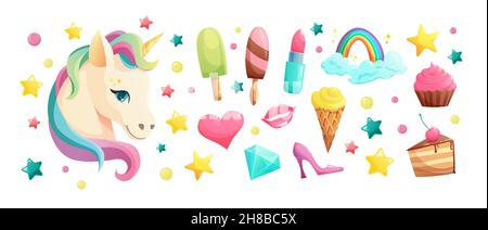 Jolie face en forme de licorne plate avec des éléments doux pour filles. Illustration de Vecteur