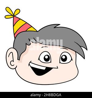 tête garçon heureux visage célébrant anniversaire, vecteur illustration carton émoticône. dessin d'icône doodle Illustration de Vecteur
