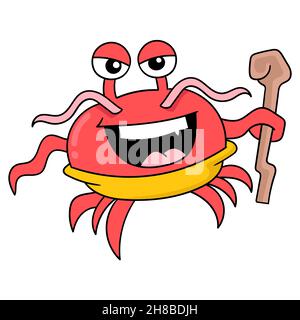 crabe rouge portant une baguette magique, illustration vectorielle art doodle icône image kawaii. Illustration de Vecteur