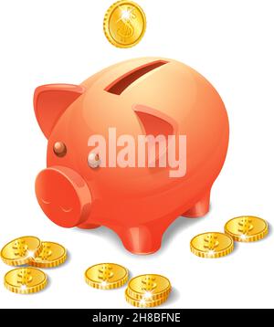 Tirelire avec des pièces de monnaie dorées réalistes isolées sur fond blanc illustration vectorielle Illustration de Vecteur