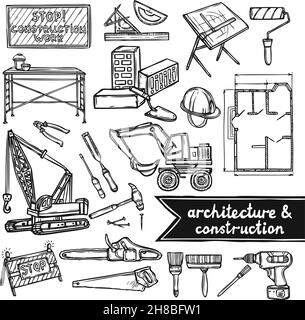 Architecture et construction croquis icônes décoratives ensemble de l'illustration vectorielle isolée Illustration de Vecteur