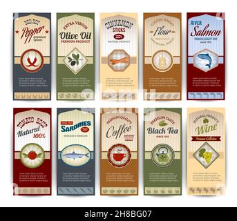 Banderoles rétro alimentaires avec farine de sardines à l'huile d'olive au poivre illustration du vecteur isolé du saumon Illustration de Vecteur