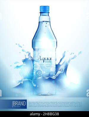 Bouteille transparente en plastique avec eau minérale, autocollant, couvercle bleu dans les éclaboussures publicité marque poster illustration vectorielle Illustration de Vecteur