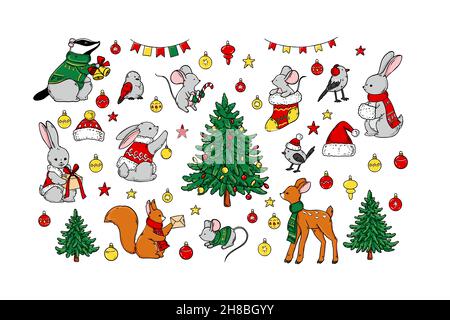 Ensemble de motifs de Noël et d'animaux dessinés à la main.Illustration vectorielle Illustration de Vecteur