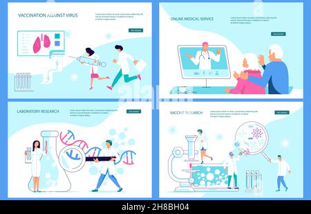 Ensemble de modèles de page Web de renvoi de la recherche en laboratoire et du développement scientifique.Des scientifiques de petite taille travaillant dans le laboratoire de recherche scientifique Vector I. Illustration de Vecteur