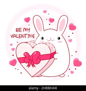 Carte de Saint-Valentin avec lapin en gras de kawaii amusant et boîte de chocolats.Carte de voeux avec joli lapin blanc joyeux et gai.Inscription être mon va Illustration de Vecteur