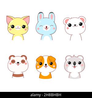 Ensemble de l'icône de membre kawaii. Personnages de dessin animé mignons. Collection bébé d'avatars avec animaux. Imprimé puéril avec chat, lapin, ours polaire, panda, chien A. Illustration de Vecteur