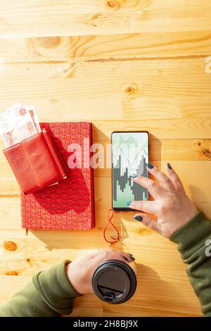 Les mains des femmes tiennent une tasse de café et vérifient le tableau de travail dans le téléphone.Il y a un sac à main avec de l'argent et un carnet sur la table.Vue de dessus.Le c Banque D'Images