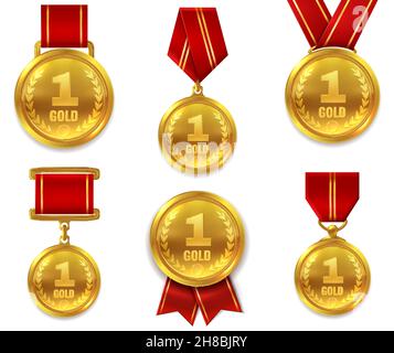 Champion des médailles d'or.Trophée gagnant de la médaille d'or sport récompense compétition premier meilleur héros rouge ruban coin prix Illustration de Vecteur