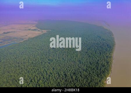 Vue aérienne de la forêt côtière de mangroves à Dhal Chhar.Le dhal Char est l'une des nombreuses îles du delta de la rivière Meghna dans le Gange de plus large Banque D'Images