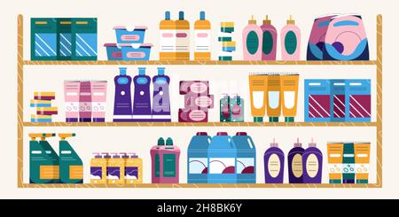 Étagères de supermarché avec bouteilles de détergent et fournitures de nettoyage chimique.Etagère plate avec produits chimiques ménagers, poudre à laver, articles d'hygiène personnelle.Magasin de chimie Dometic.Nettoyer les présentoirs. Illustration de Vecteur