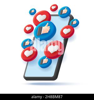 illustration 3d d'un smartphone avec des coeurs et des mains comme le pouce vers le haut en cercles de volume rendu ismétrique graphique Illustration de Vecteur