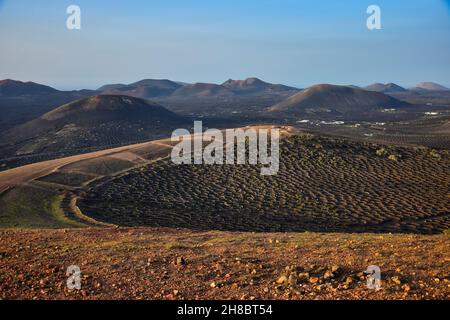 La région viticole de la Geria, Lanzarote.En arrière-plan les volcans du Parc National de Timanfaya.Îles Canaries, Espagne. Banque D'Images