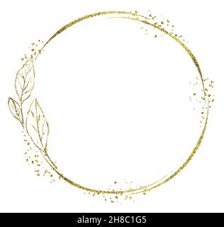 Cadre doré en forme de cercle.Illustrations florales dorées isolées sur blanc.Modèle rond réaliste pour logo, mariage, cartes de vœux Banque D'Images