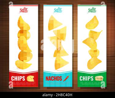 Lot de trois bannières verticales pour collations salées avec des images réalistes de morceaux de copeaux de fromage avec illustration vectorielle de texte Illustration de Vecteur