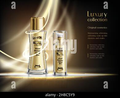 Luxe parfum cosmétiques collection affiche publicitaire réaliste avec lotion luminante illustration vectorielle de fond sombre pour flacons pulvérisateurs en verre Illustration de Vecteur