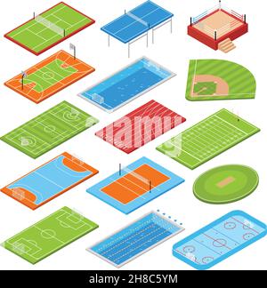 Clubs de sport football terrains de football Isométrique collection d'icônes avec basket-ball courts de tennis, boxe, piscine, illustration vectorielle Illustration de Vecteur