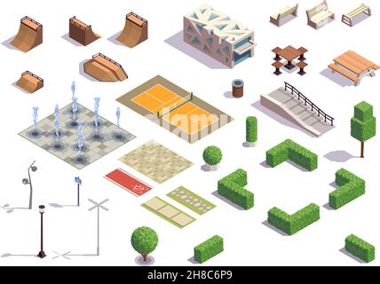 Parc municipal moderne avec décor isométrique et sports de skateboard, tennis installations bancs lanternes fontaines plantes illustration vectorielle Illustration de Vecteur