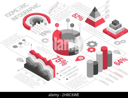 Diagrammes isométriques infographiques noir et blanc avec des objets géométriques solides pour les graphiques et diagrammes avec illustration vectorielle de texte Illustration de Vecteur