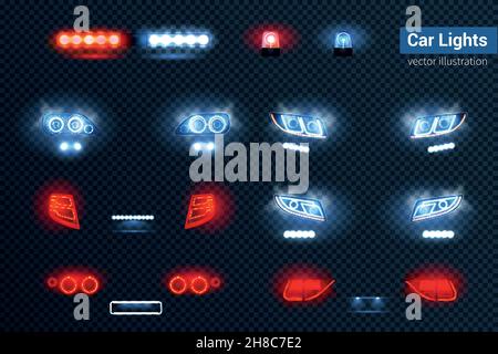 Éclairage automobile à LED réaliste avec phares à l'avant et à l'arrière illustration vectorielle d'arrière-plan sombre et transparente pour les vues de voiture Illustration de Vecteur