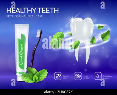 Dent réaliste avec tourbillon des feuilles de menthe et des soins dentaires affiche des produits sur une illustration vectorielle sur fond bleu Illustration de Vecteur