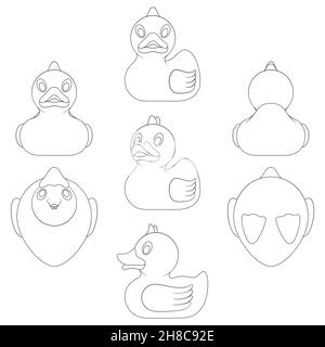 Ensemble d'images en noir et blanc avec un canard en peluche sous différents angles.Objets vectoriels isolés sur fond blanc. Illustration de Vecteur