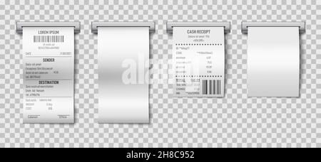Reçu de vente imprimé.Tirages papier de reçus de courses, factures de supermarché.Maquette de facture isolée, impression dans le restaurant atm vierge vérifier le vecteur exact Illustration de Vecteur