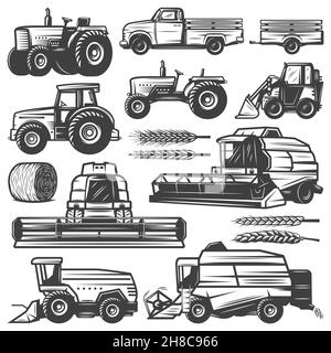 Collection de transport de récolte d'époque avec tracteurs-tombereaux le chargeur combine les moissonneuses-batteuses illustration du vecteur isolé des épis de blé de la balle de foin Illustration de Vecteur