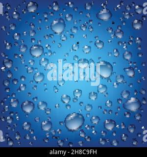 Modèle réaliste de gouttes d'eau transparentes avec gouttes de pluie de formes différentes sur l'illustration vectorielle sur fond bleu Illustration de Vecteur