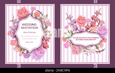 Cartes d'invitation de mariage colorées avec texte de message dans des cadres élégants et fleurs sur l'illustration vectorielle à fond rayé Illustration de Vecteur