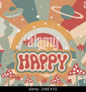 Imprimé rétro des années 70.Happy vibes, étiquette de style hippie.Affiche de paix, art boho fantasy surréaliste, fond rétro avec champignons, vecteur swanky Illustration de Vecteur