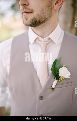 Dans une chemise blanche, cravate et gilet avec une boutonnière.Gros plan Banque D'Images